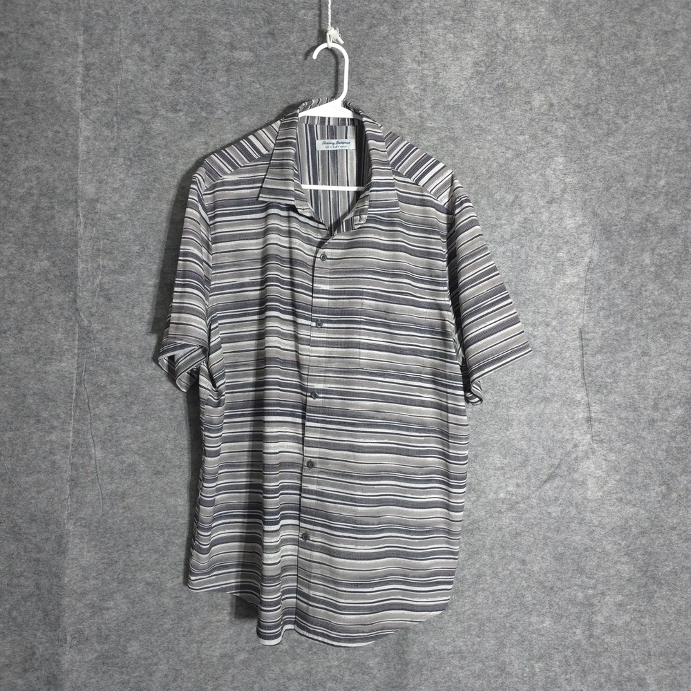 Tommy Bahama Shirt Mens XL Grey‎ IslandZone Striped Short Sleeve Bahamas Coast
